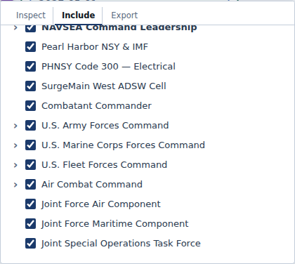 The Include tab, showing a checkable tree of commands and units with every box ticked.